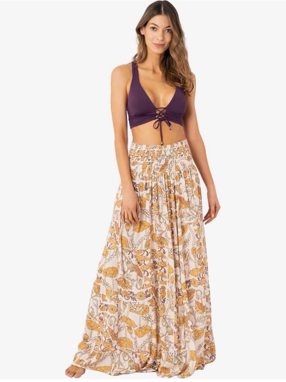 Maaji Cream Maxi Skirt with Mustard Floral Print - Large - NWT